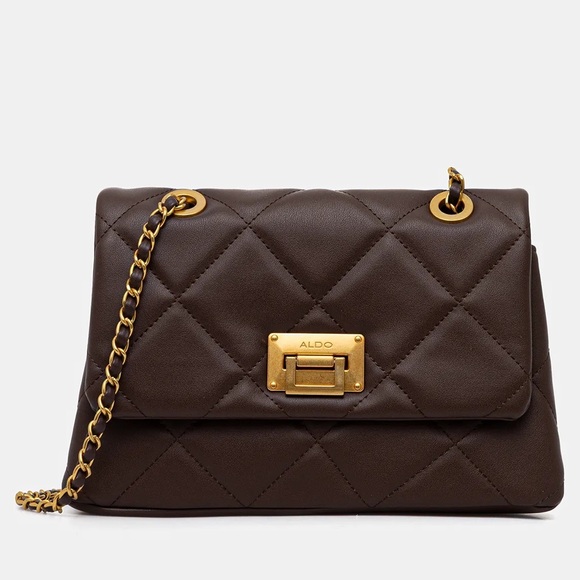 Aldo Dark Brown Quilted Shoulder Bag with Gold Chain - Picture 1 of 13